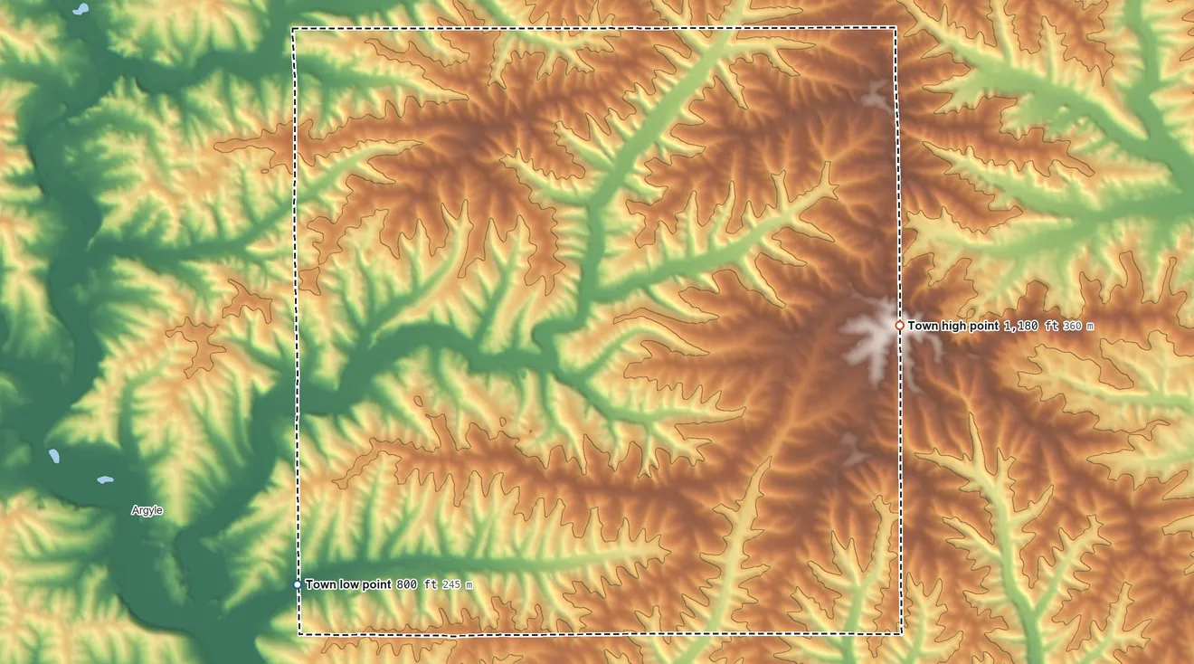 Topographic elevation map of Town of Adams, Wisconsin, shaded from 800 ft on the southwest side to 1,180 ft on the east side