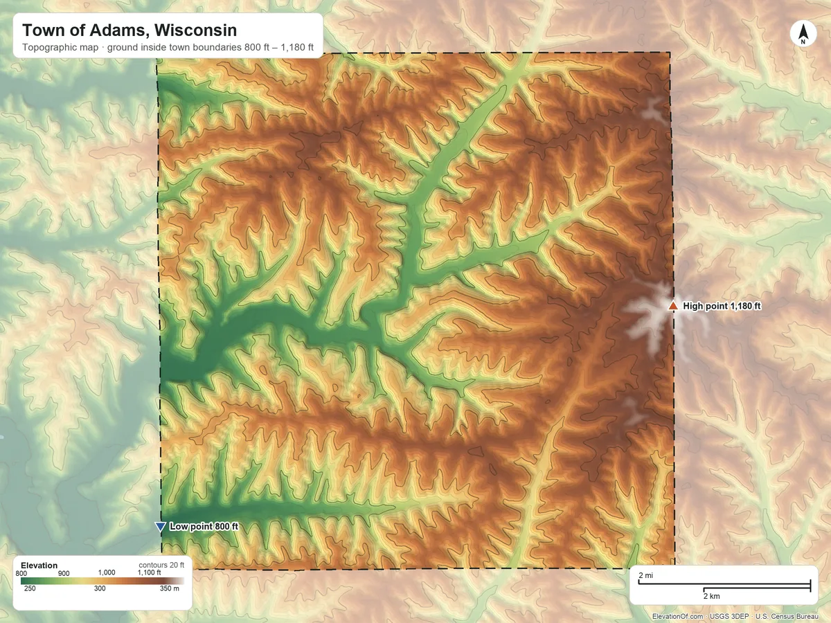 Topographic elevation map of Town of Adams, Wisconsin, shaded from 800 ft on the southwest side to 1,180 ft on the east side