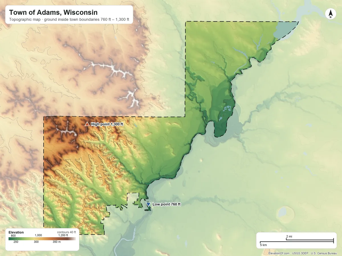 Topographic elevation map of Town of Adams, Wisconsin, shaded from 760 ft on the south side to 1,300 ft on the west side