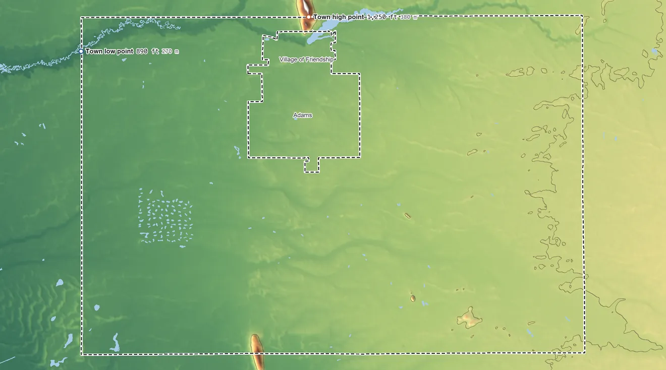 Topographic elevation map of Town of Adams, Wisconsin, shaded from 890 ft on the northwest side to 1,250 ft on the north side