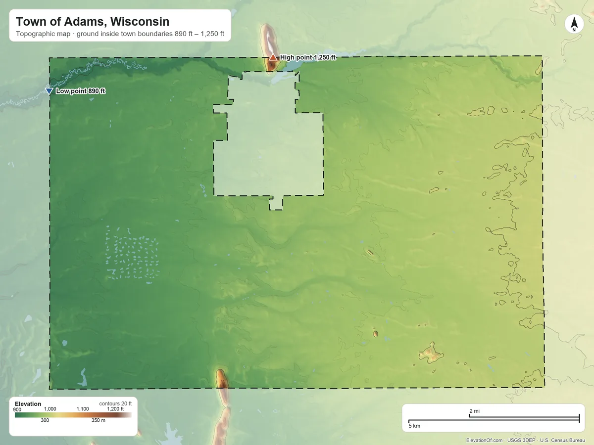 Topographic elevation map of Town of Adams, Wisconsin, shaded from 890 ft on the northwest side to 1,250 ft on the north side