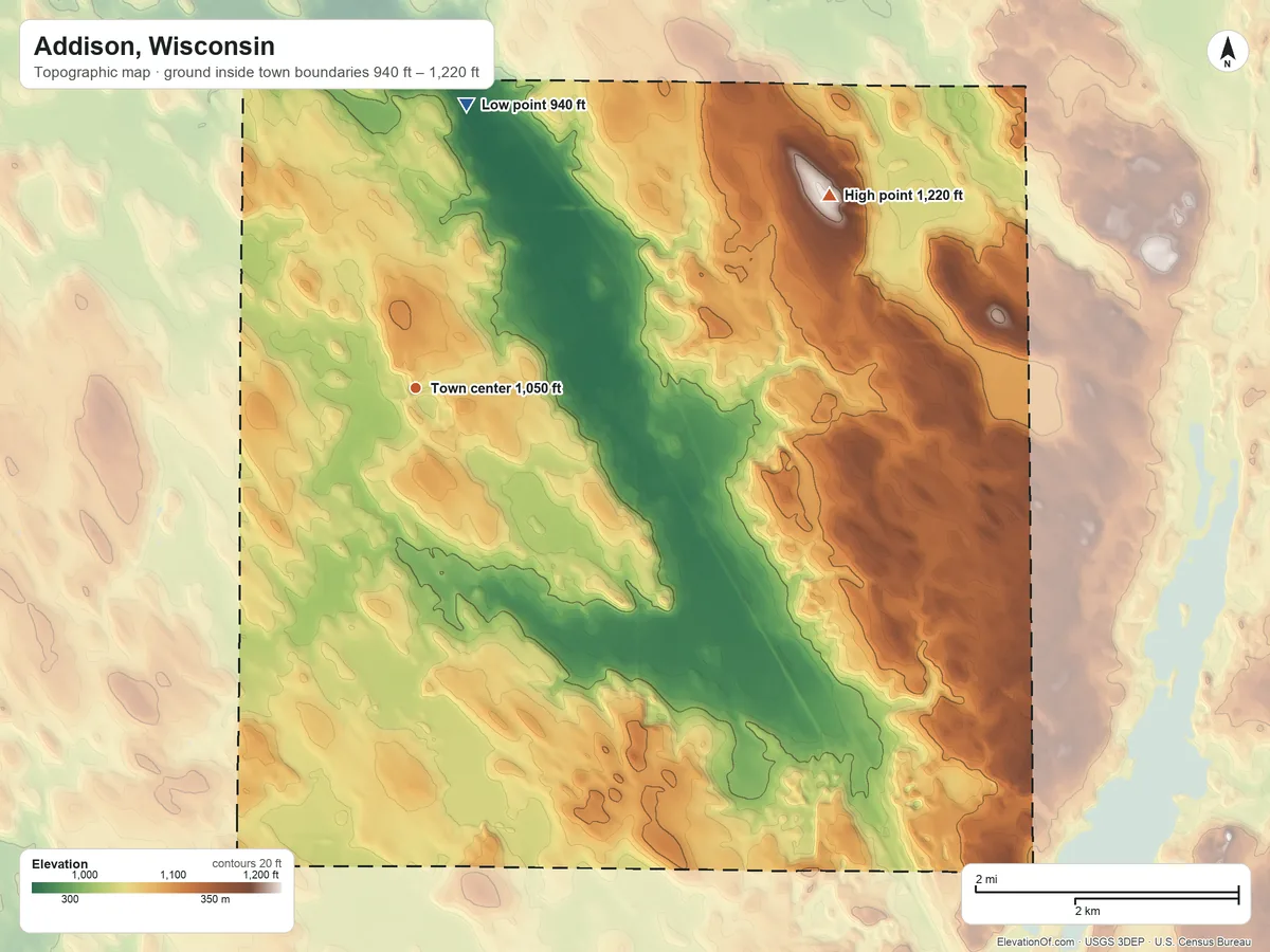 Topographic elevation map of Addison, Wisconsin, shaded from 940 ft on the north side to 1,220 ft on the northeast side