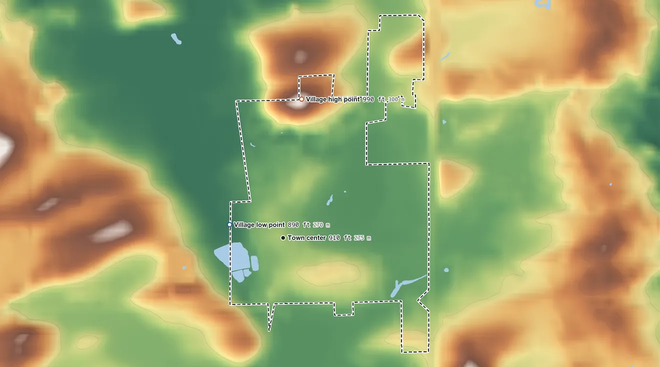 Topographic elevation map of Adell, Wisconsin, shaded from 890 ft on the west side to 990 ft on the north side