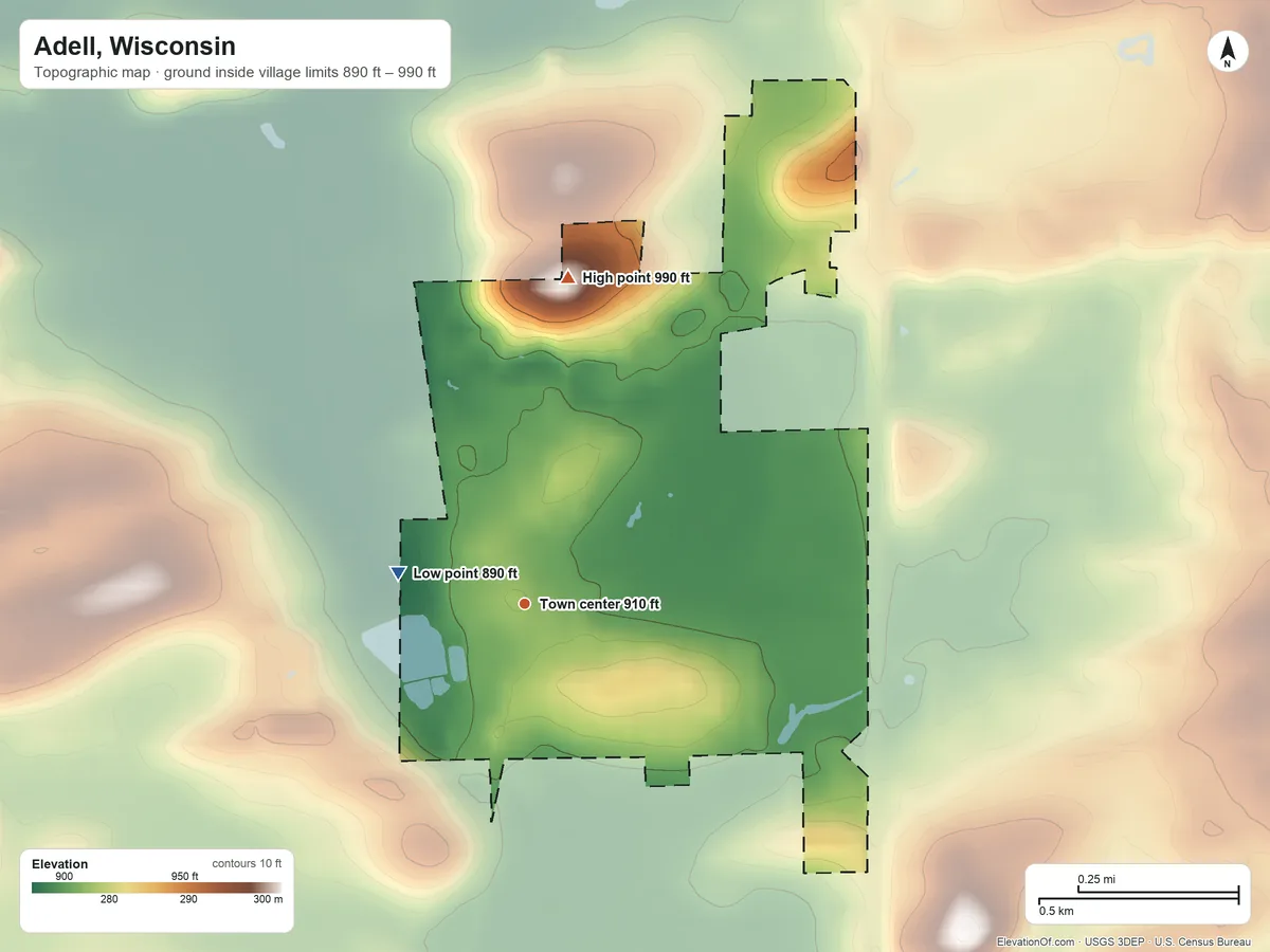 Topographic elevation map of Adell, Wisconsin, shaded from 890 ft on the west side to 990 ft on the north side
