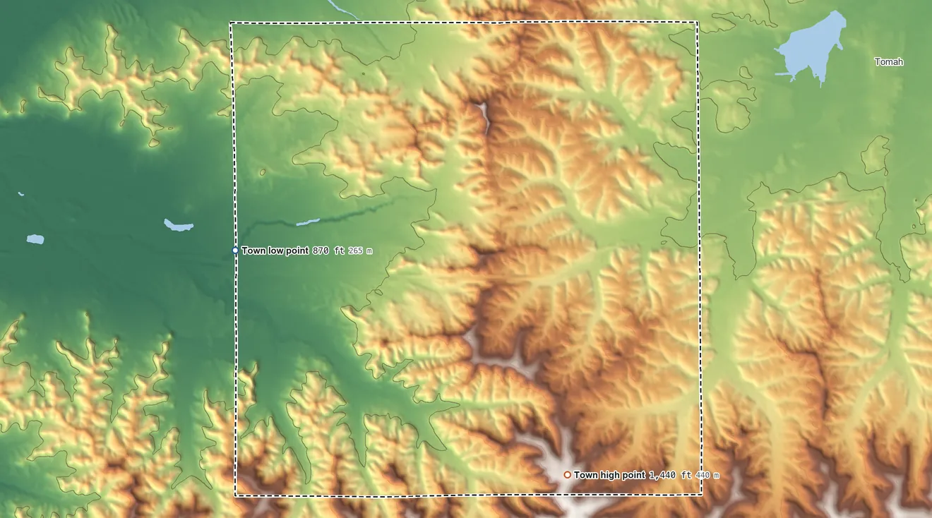 Topographic elevation map of Adrian, Wisconsin, shaded from 870 ft on the west side to 1,440 ft on the south side