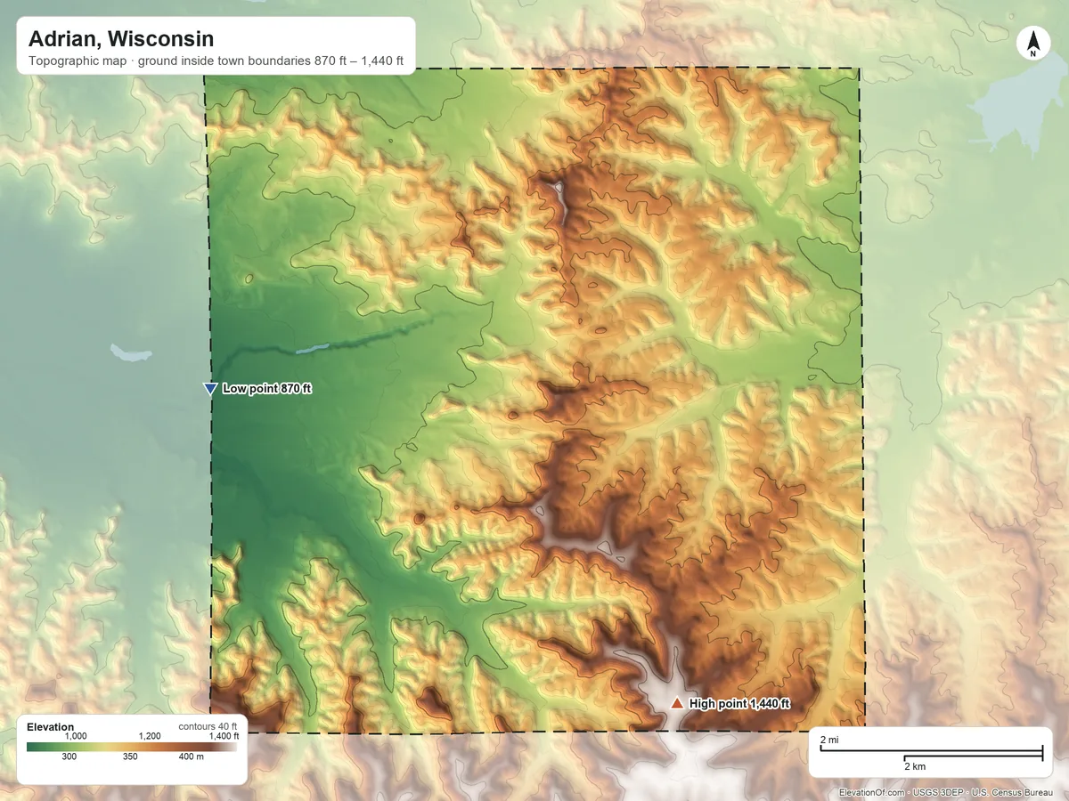 Topographic elevation map of Adrian, Wisconsin, shaded from 870 ft on the west side to 1,440 ft on the south side