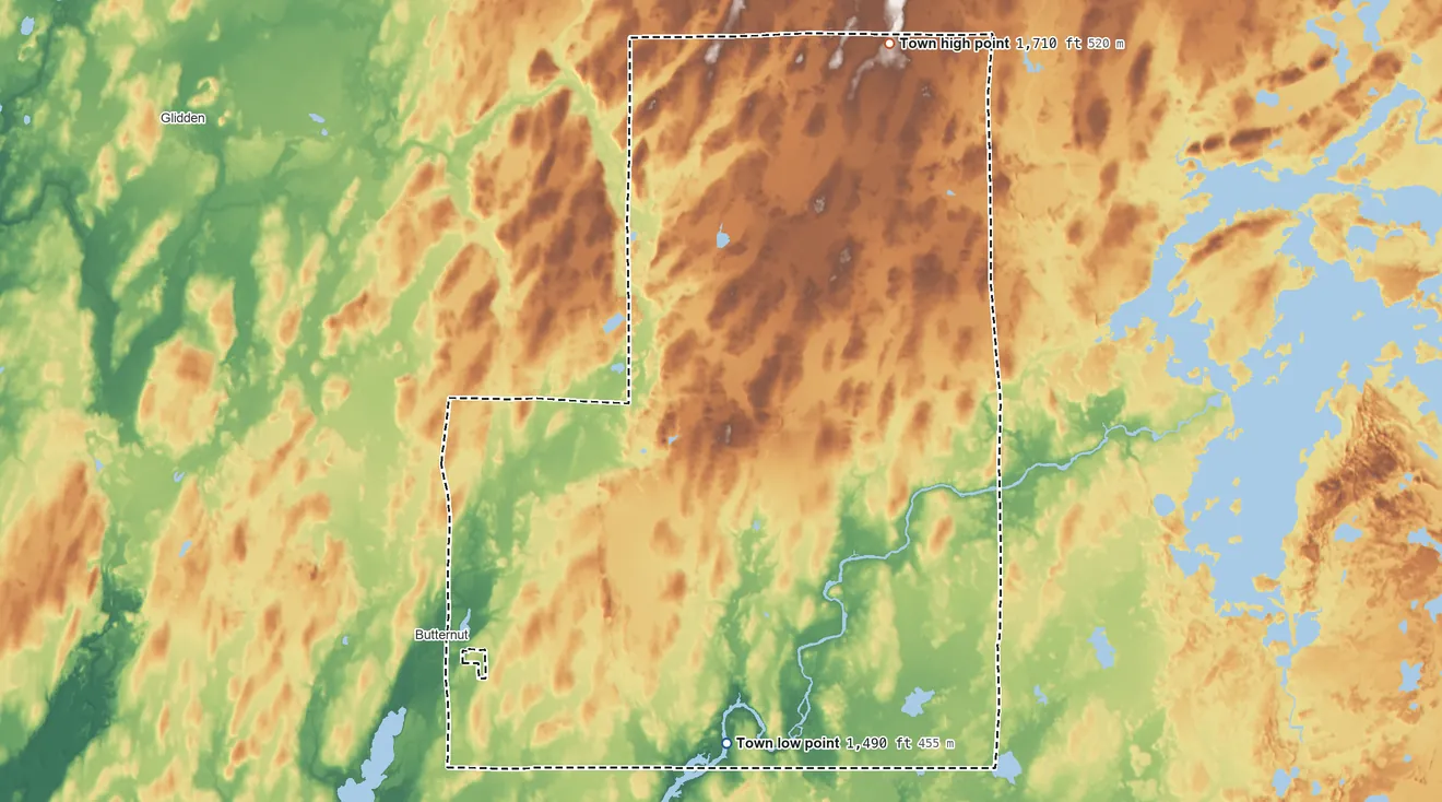 Topographic elevation map of Agenda, Wisconsin, shaded from 1,490 ft on the southeast side to 1,710 ft on the northeast side