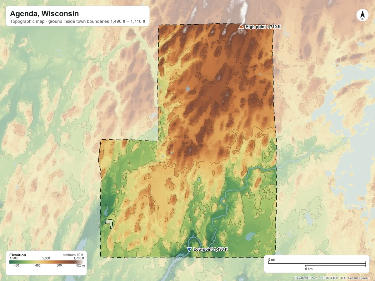 Topographic elevation map of Agenda, Wisconsin, shaded from 1,490 ft on the southeast side to 1,710 ft on the northeast side