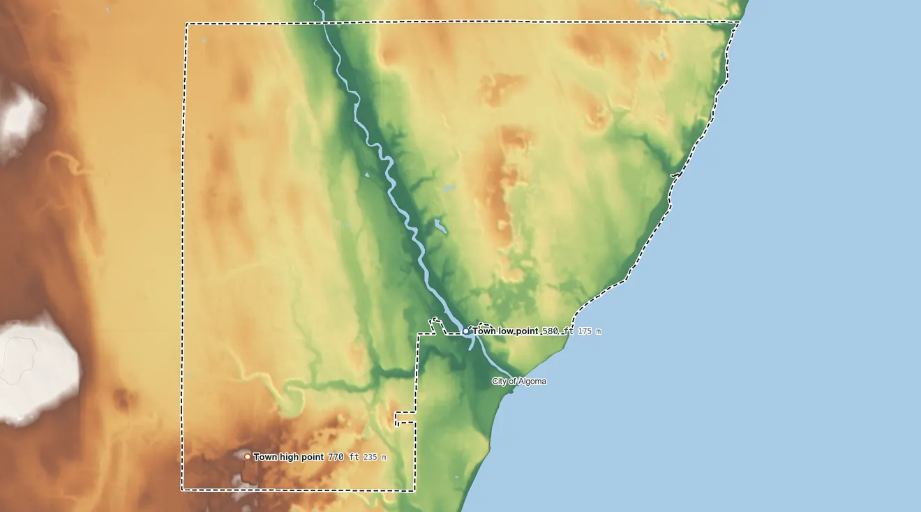 Topographic elevation map of Ahnapee, Wisconsin, shaded from 580 ft on the southeast side to 770 ft on the southwest side