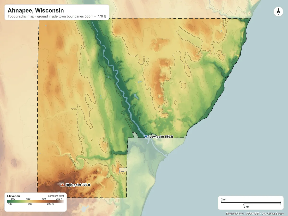 Topographic elevation map of Ahnapee, Wisconsin, shaded from 580 ft on the southeast side to 770 ft on the southwest side