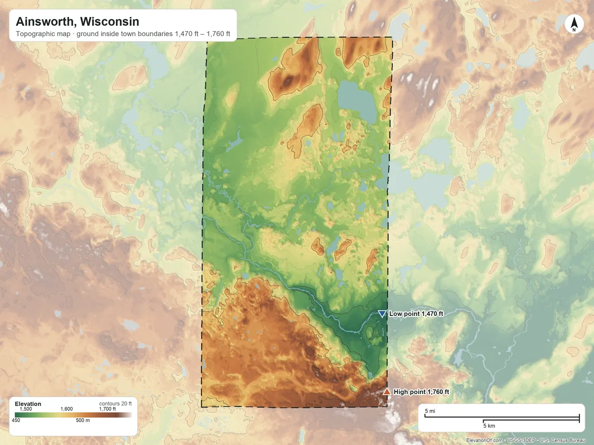 Topographic elevation map of Ainsworth, Wisconsin, shaded from 1,470 ft on the southeast side to 1,760 ft on the south side