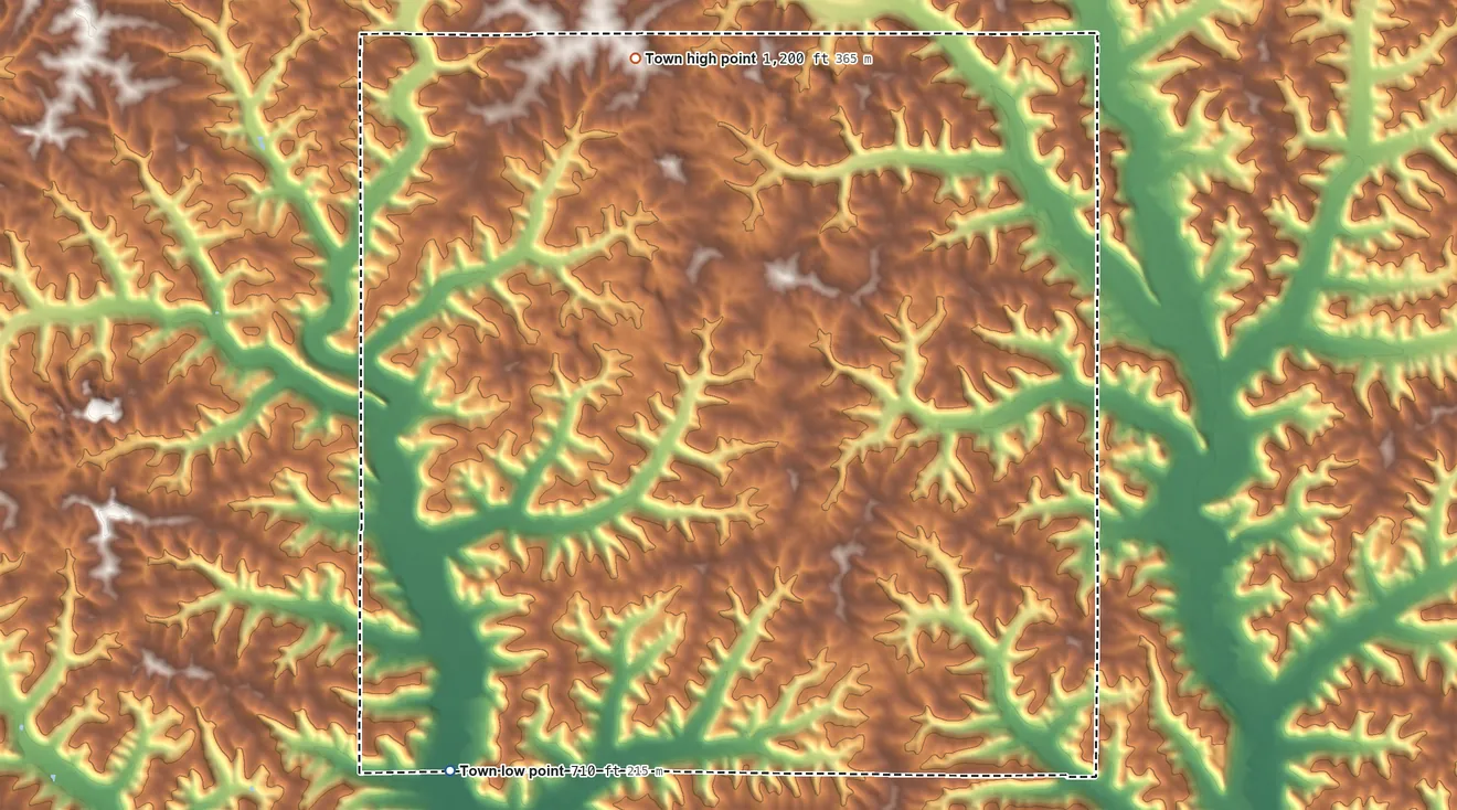 Topographic elevation map of Akan, Wisconsin, shaded from 710 ft on the southwest side to 1,200 ft on the north side