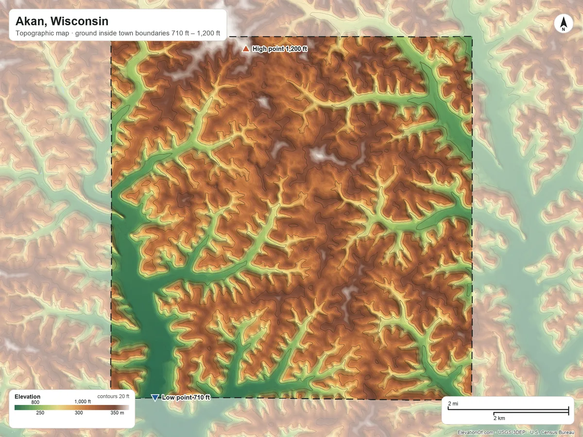 Topographic elevation map of Akan, Wisconsin, shaded from 710 ft on the southwest side to 1,200 ft on the north side