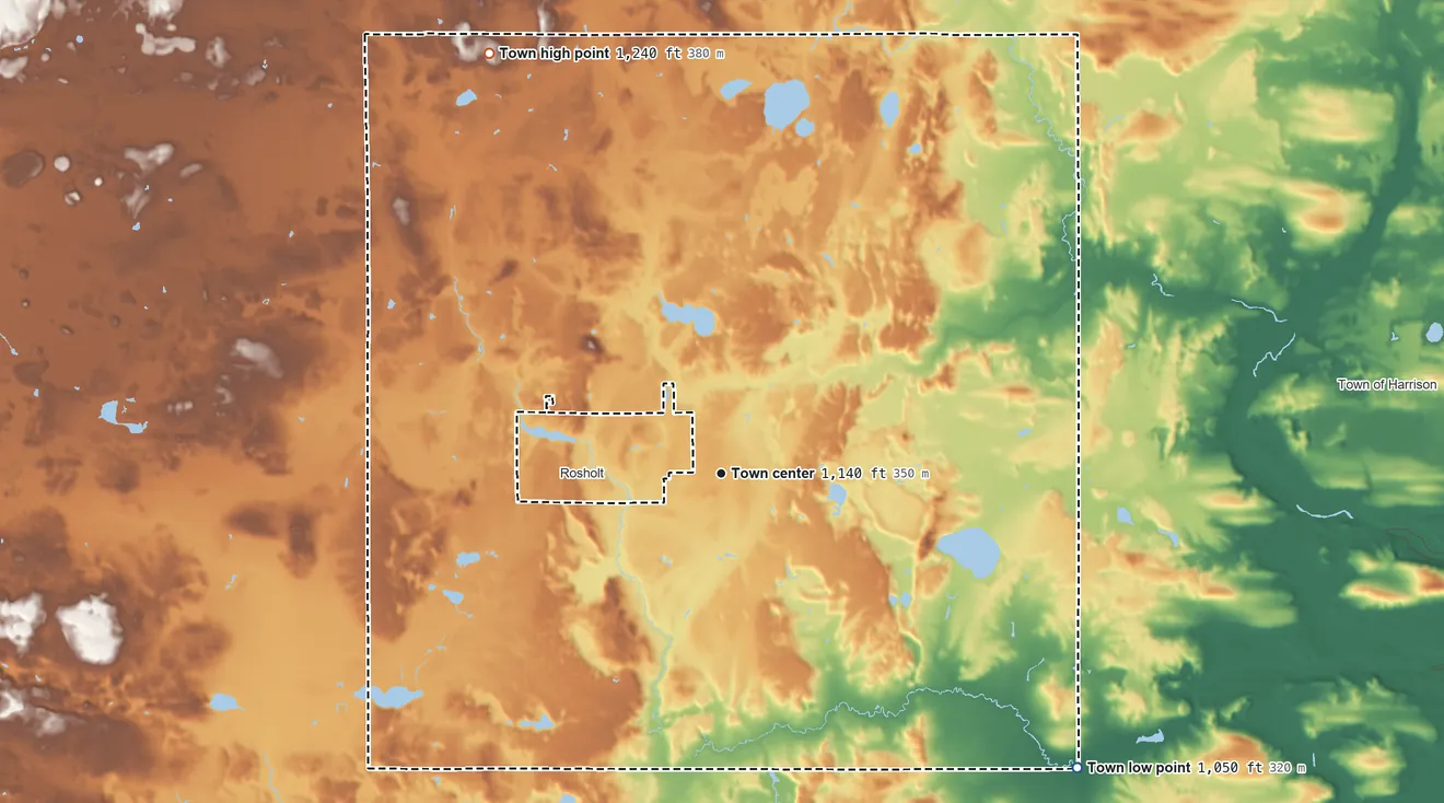 Topographic elevation map of Alban, Wisconsin, shaded from 1,050 ft on the southeast side to 1,240 ft on the northwest side