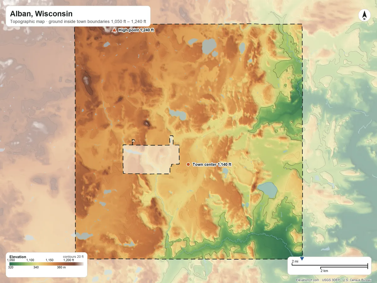 Topographic elevation map of Alban, Wisconsin, shaded from 1,050 ft on the southeast side to 1,240 ft on the northwest side