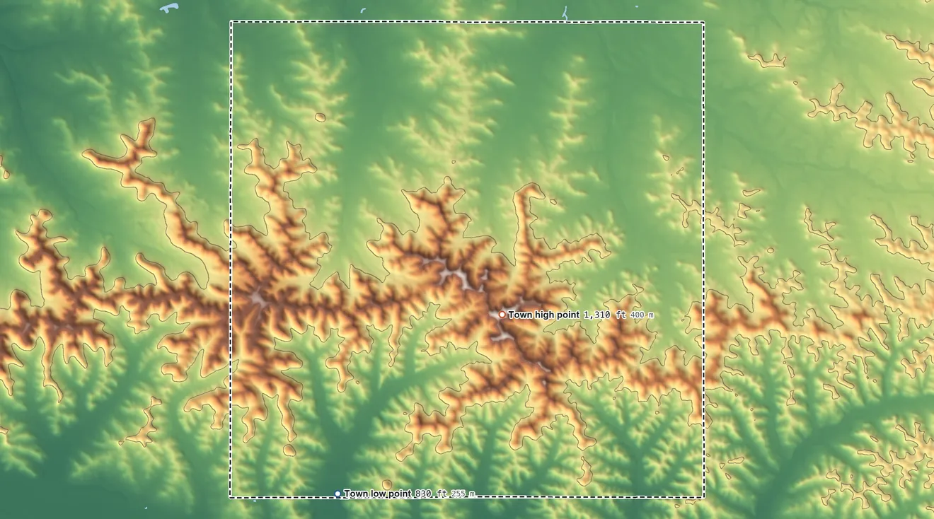 Topographic elevation map of Albany, Pepin County, Wisconsin, shaded from 830 ft on the southwest side to 1,310 ft on the south side