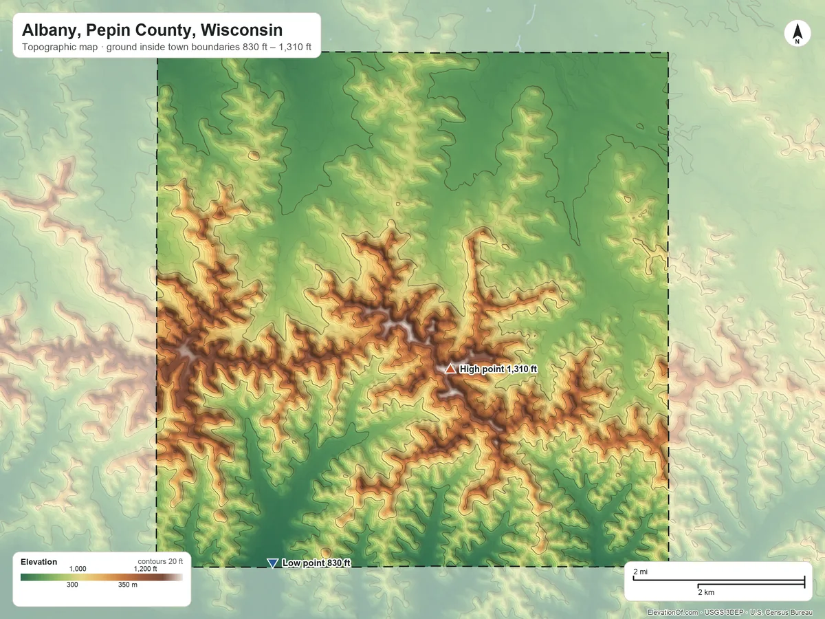 Topographic elevation map of Albany, Pepin County, Wisconsin, shaded from 830 ft on the southwest side to 1,310 ft on the south side