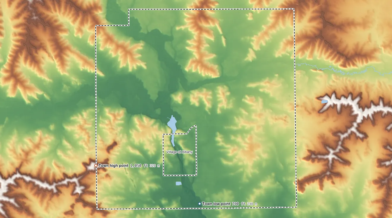 Topographic elevation map of Albany, Wisconsin, shaded from 790 ft on the south side to 1,050 ft on the southwest side