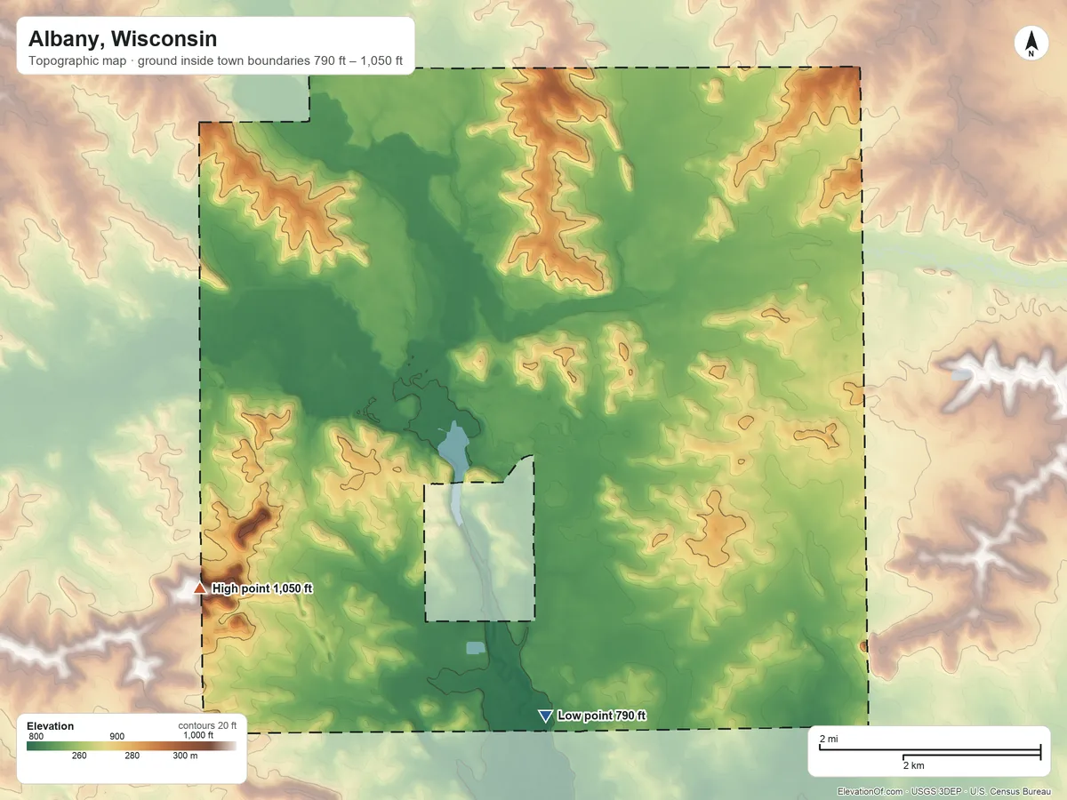 Topographic elevation map of Albany, Wisconsin, shaded from 790 ft on the south side to 1,050 ft on the southwest side