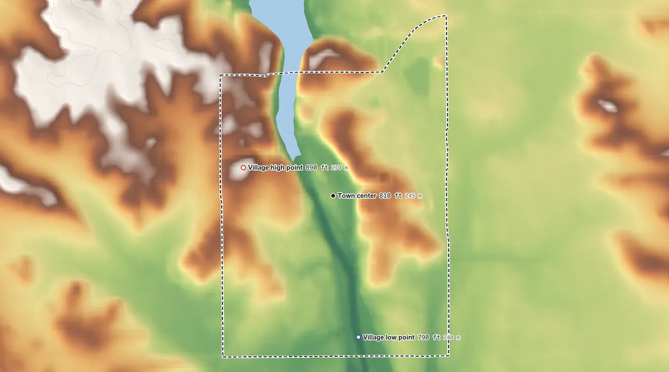 Topographic elevation map of Village of Albany, Wisconsin, shaded from 790 ft on the south side to 890 ft on the west side