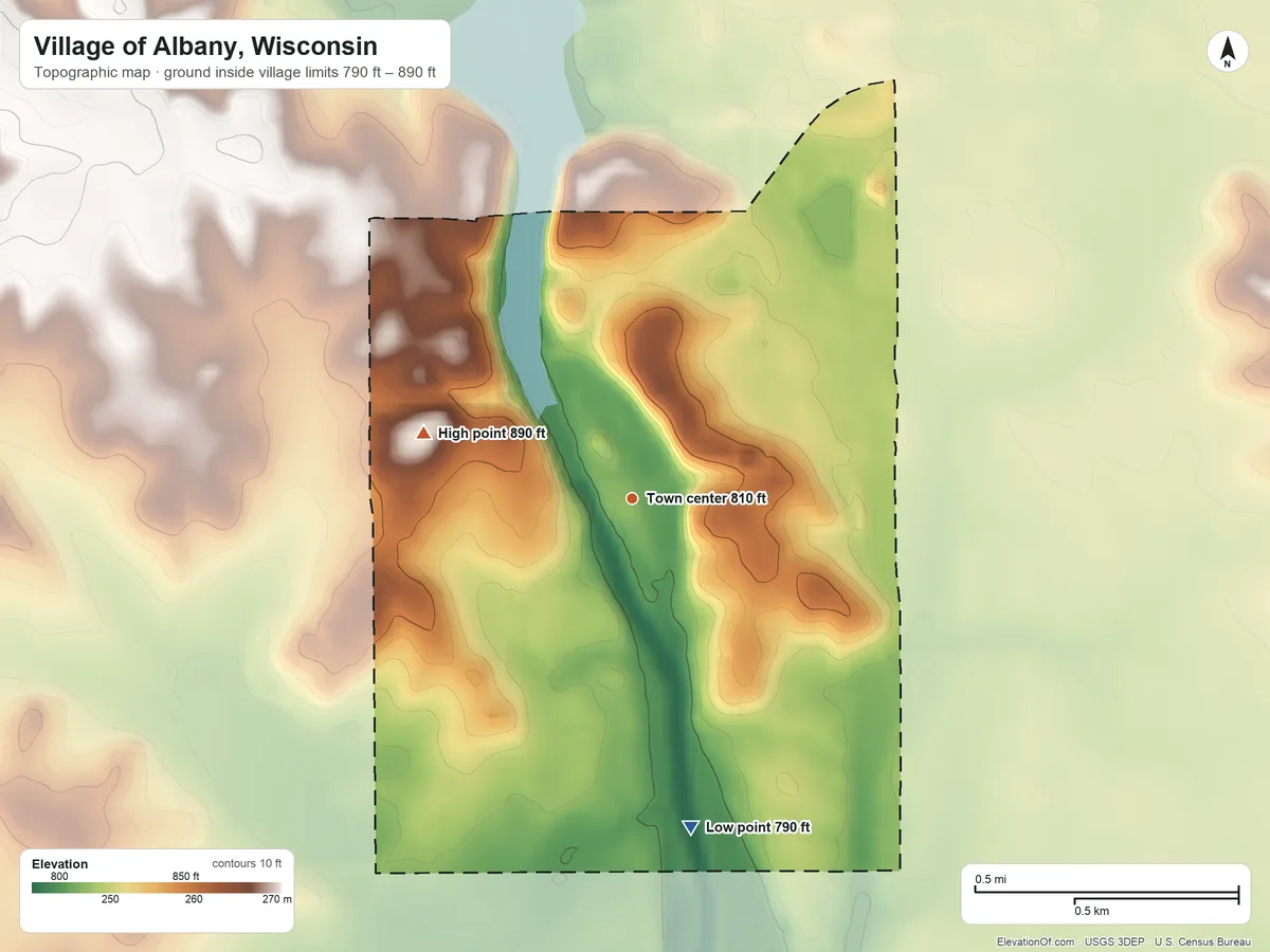 Topographic elevation map of Village of Albany, Wisconsin, shaded from 790 ft on the south side to 890 ft on the west side