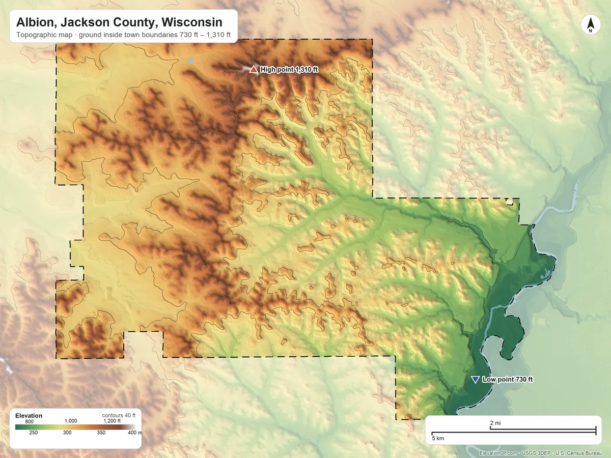 Topographic elevation map of Albion, Jackson County, Wisconsin, shaded from 730 ft on the southeast side to 1,310 ft on the northwest side