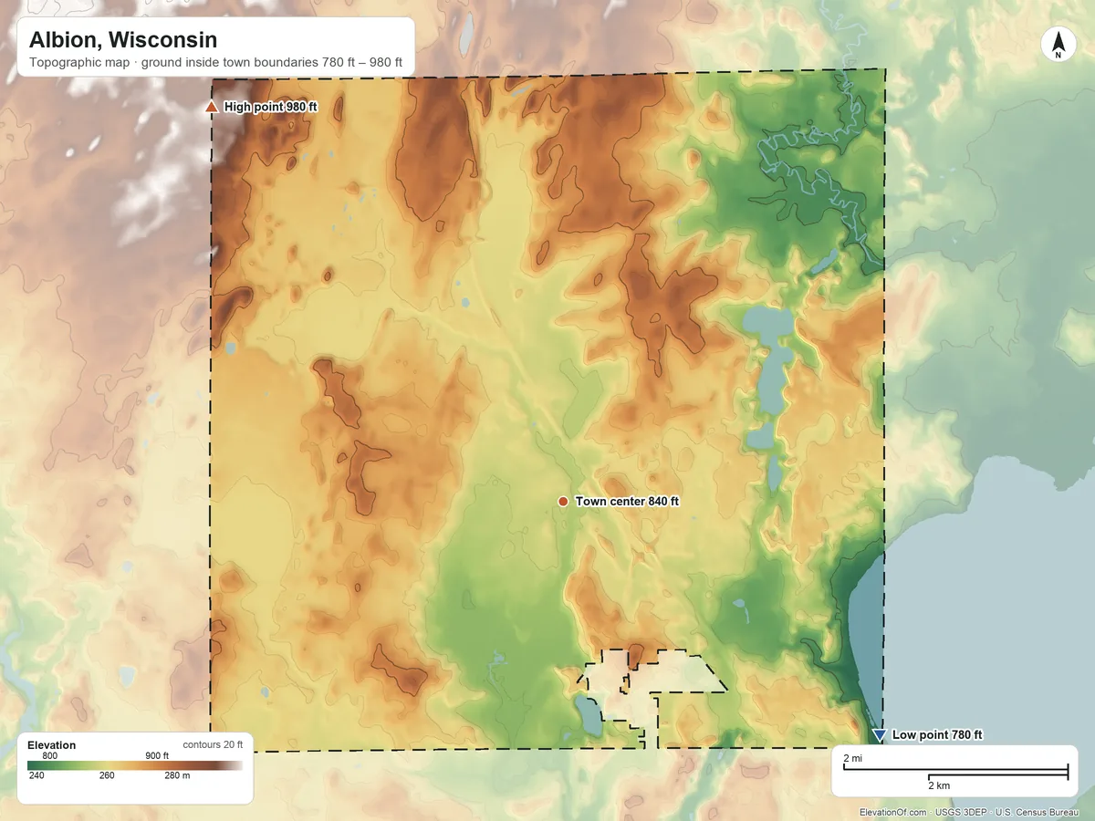 Topographic elevation map of Albion, Wisconsin, shaded from 780 ft on the southeast side to 980 ft on the northwest side