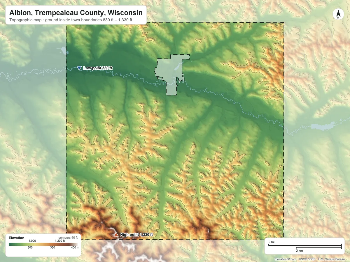 Topographic elevation map of Albion, Trempealeau County, Wisconsin, shaded from 830 ft on the northwest side to 1,330 ft on the south side