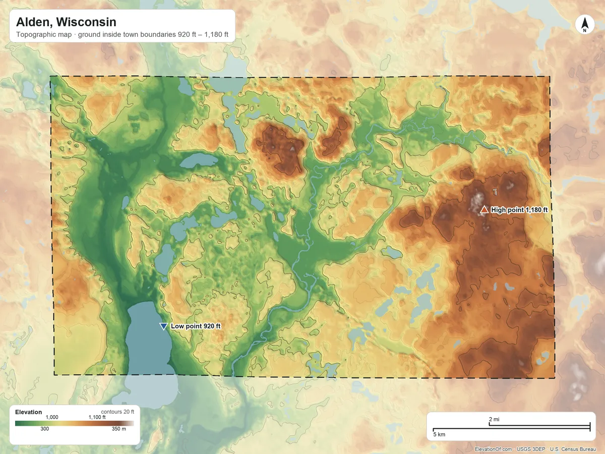 Topographic elevation map of Alden, Wisconsin, shaded from 920 ft on the southwest side to 1,180 ft on the east side
