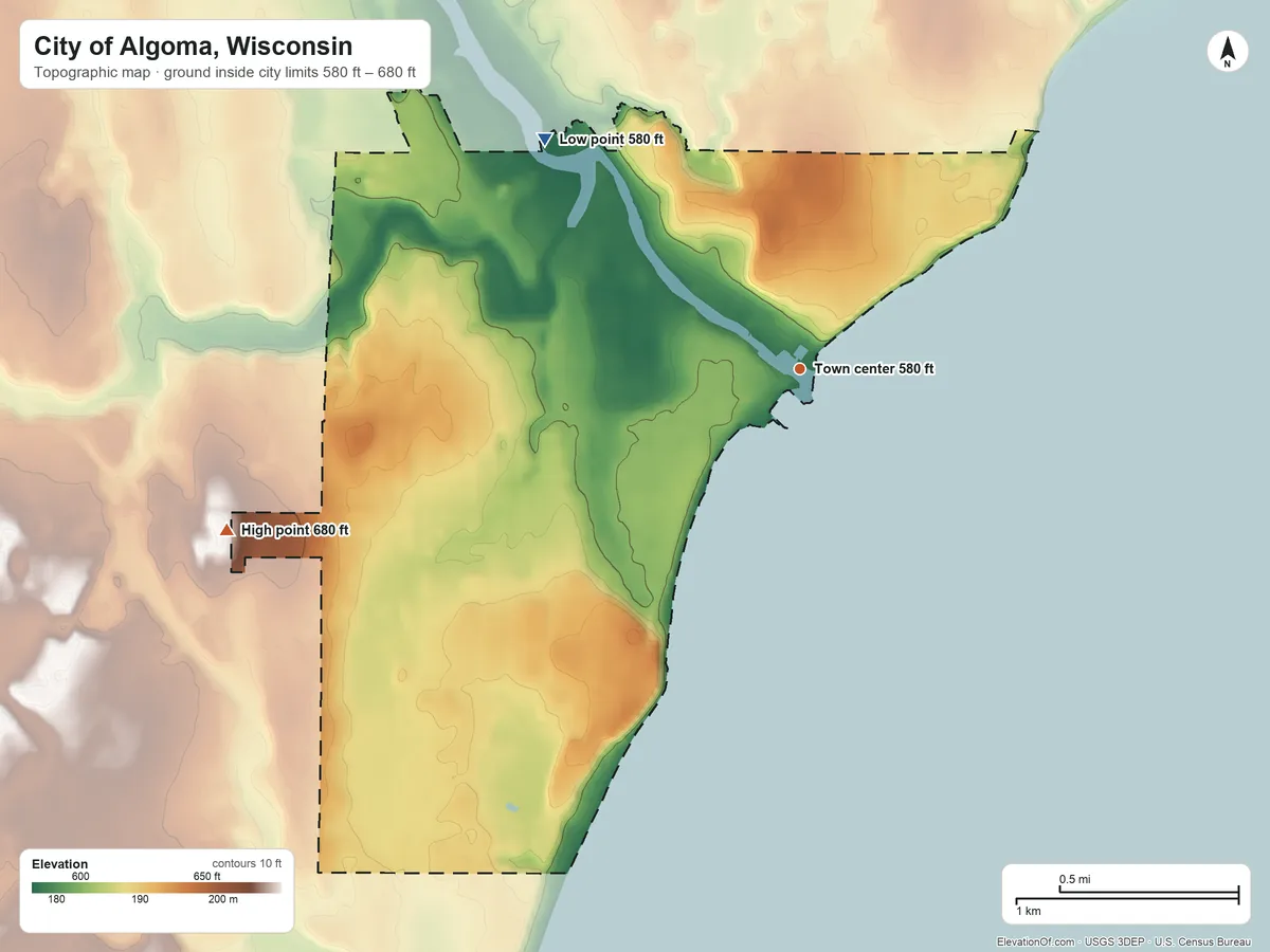 Topographic elevation map of City of Algoma, Wisconsin, shaded from 580 ft on the northwest side to 680 ft on the west side