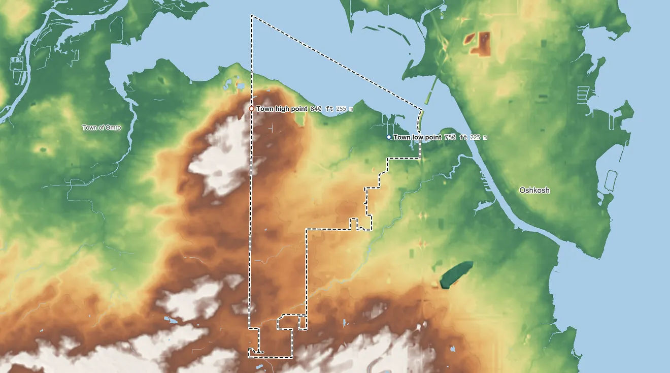 Topographic elevation map of Algoma, Wisconsin, shaded from 750 ft on the east side to 840 ft on the northwest side