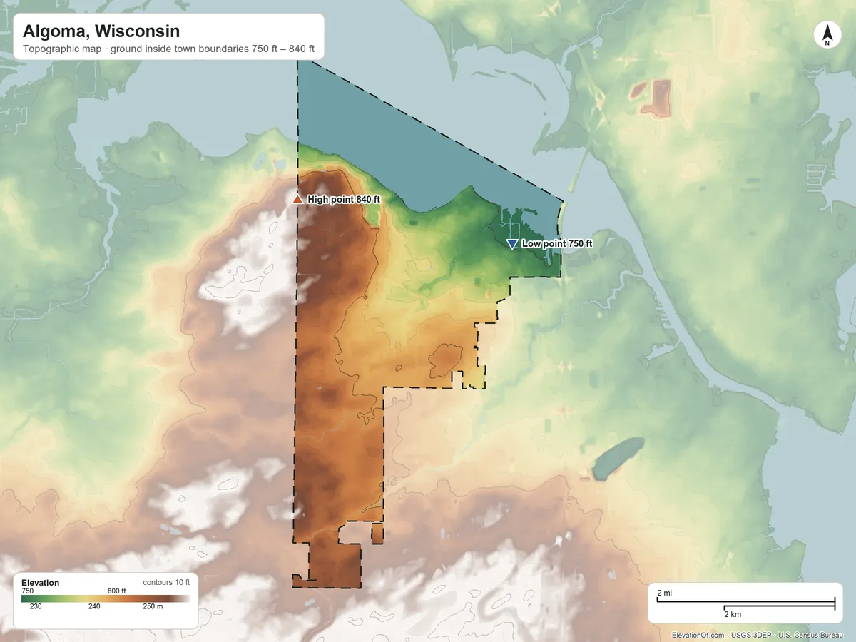 Topographic elevation map of Algoma, Wisconsin, shaded from 750 ft on the east side to 840 ft on the northwest side