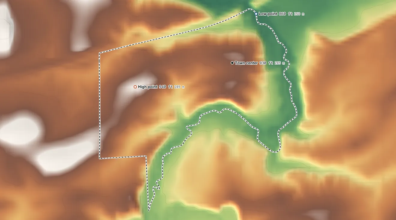 Topographic elevation map of Allens Grove, Wisconsin, shaded from 860 ft on the northeast side to 940 ft on the west side