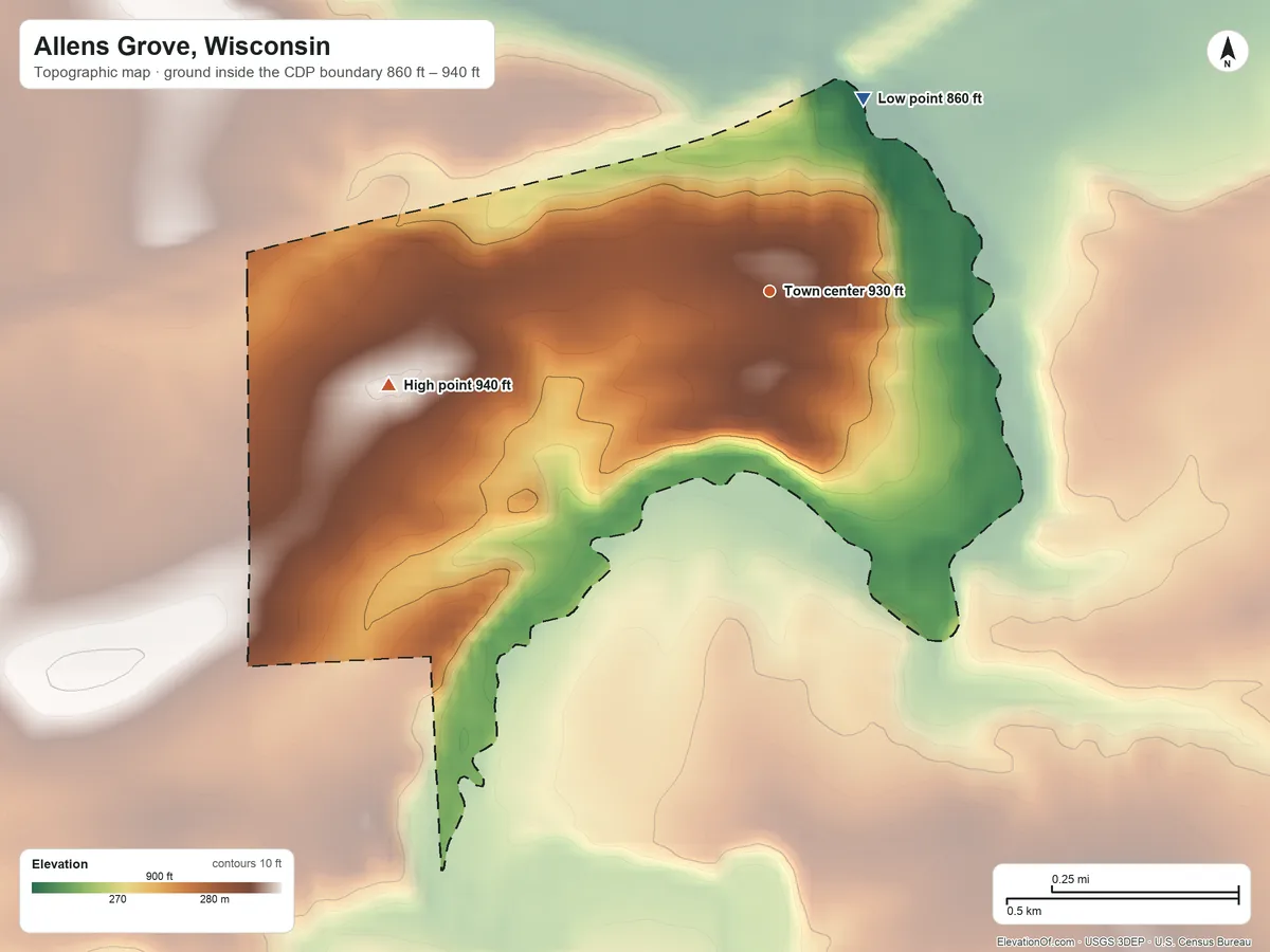 Topographic elevation map of Allens Grove, Wisconsin, shaded from 860 ft on the northeast side to 940 ft on the west side