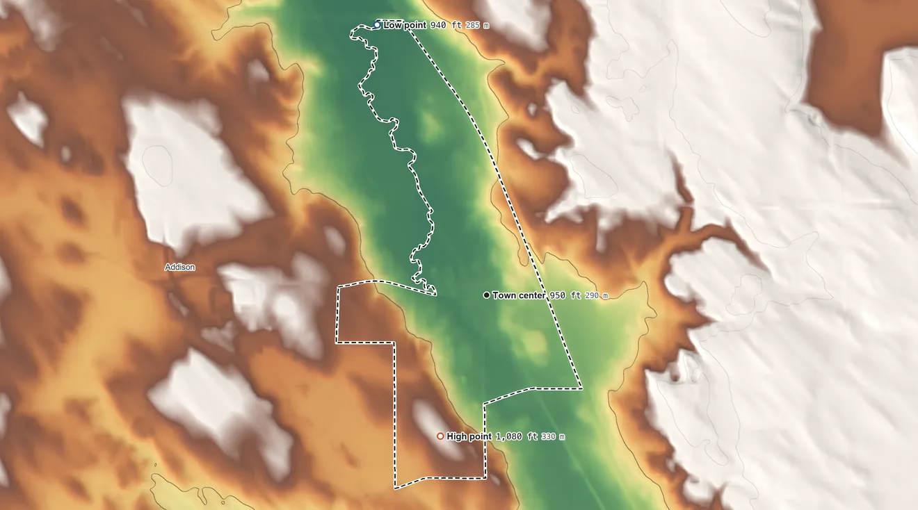 Topographic elevation map of Allenton, Wisconsin, shaded from 940 ft on the north side to 1,080 ft on the south side