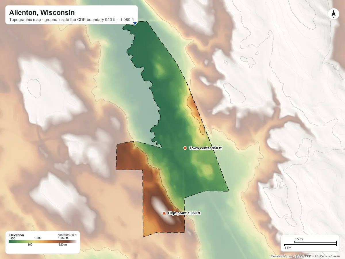 Topographic elevation map of Allenton, Wisconsin, shaded from 940 ft on the north side to 1,080 ft on the south side