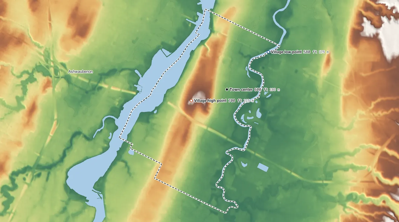 Topographic elevation map of Allouez, Wisconsin, shaded from 580 ft on the northeast side to 700 ft on the west side