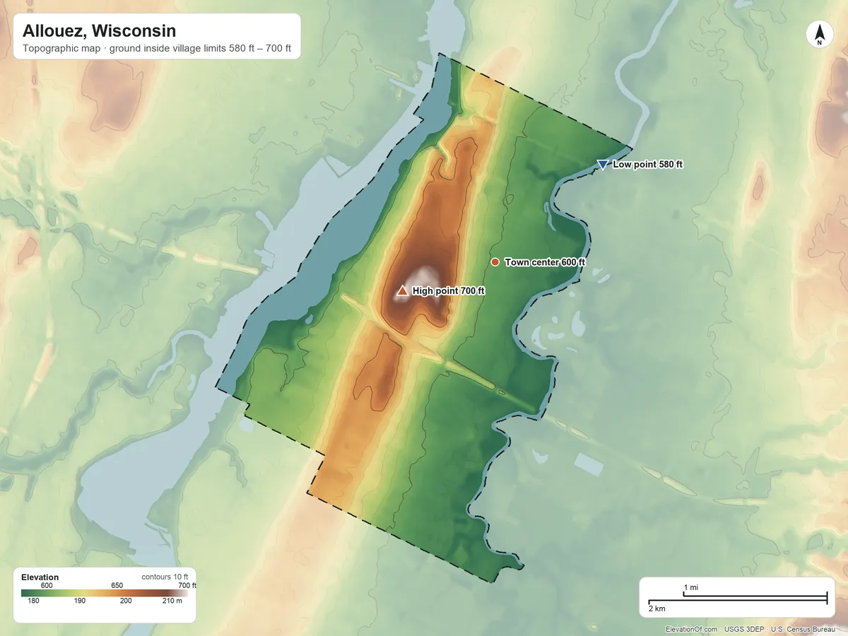 Topographic elevation map of Allouez, Wisconsin, shaded from 580 ft on the northeast side to 700 ft on the west side