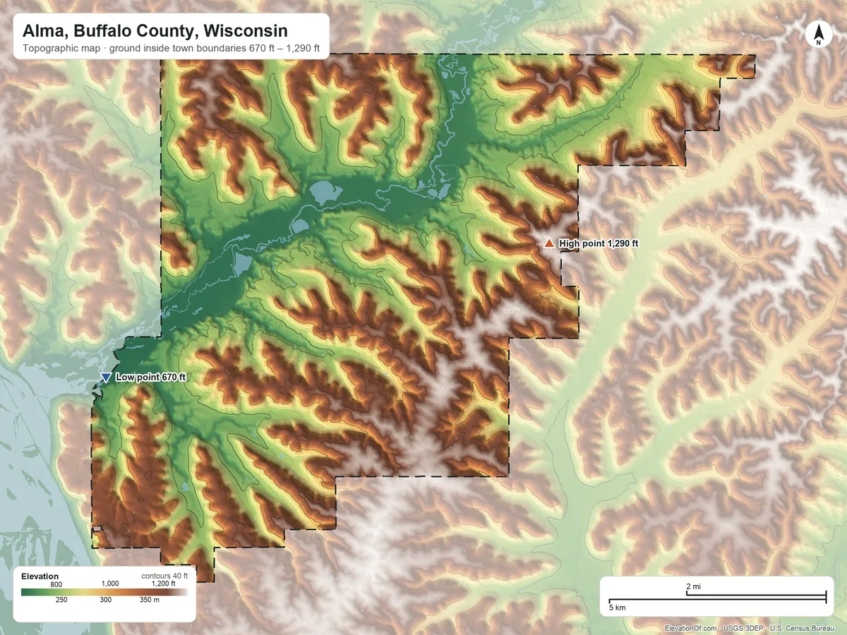 Topographic elevation map of Alma, Buffalo County, Wisconsin, shaded from 670 ft on the southwest side to 1,290 ft on the east side