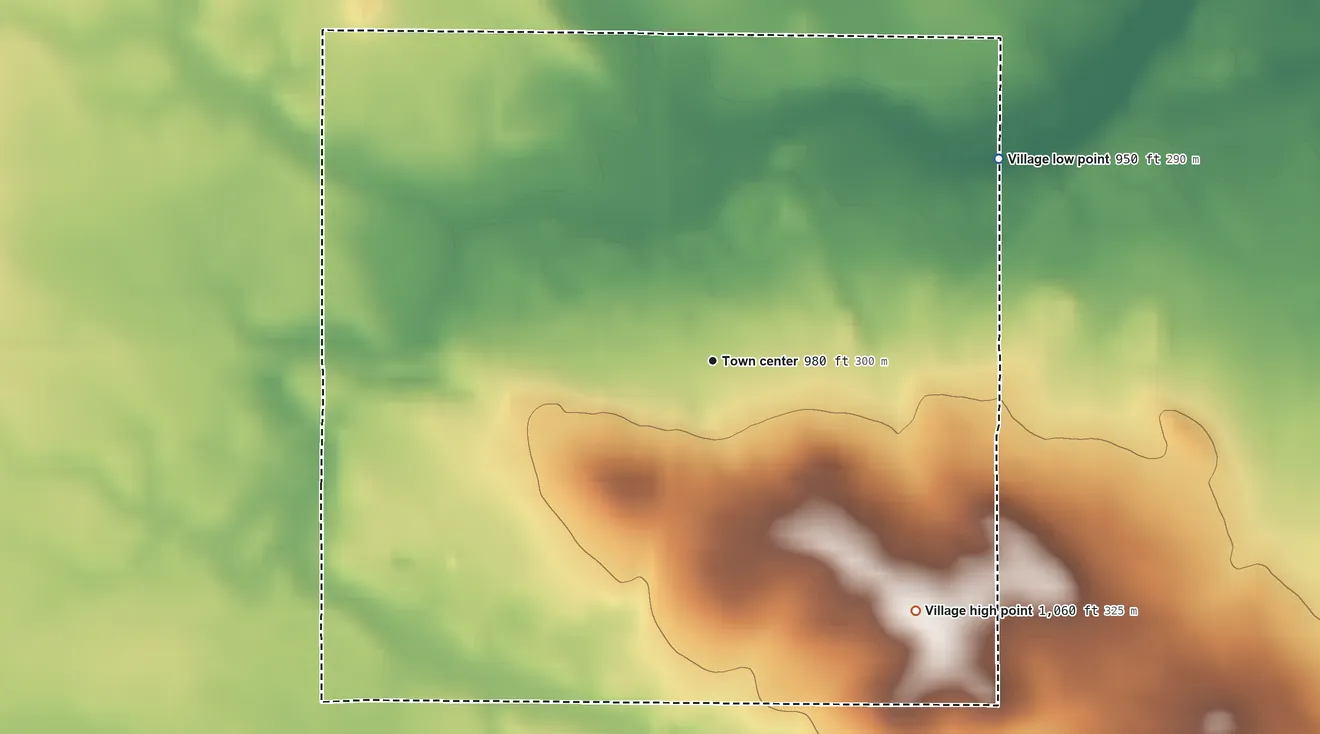 Topographic elevation map of Alma Center, Wisconsin, shaded from 950 ft on the northeast side to 1,060 ft on the southeast side