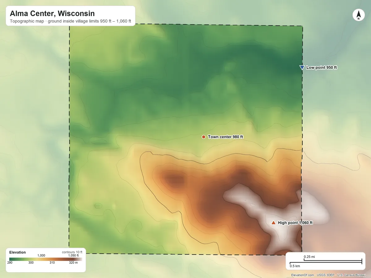 Topographic elevation map of Alma Center, Wisconsin, shaded from 950 ft on the northeast side to 1,060 ft on the southeast side