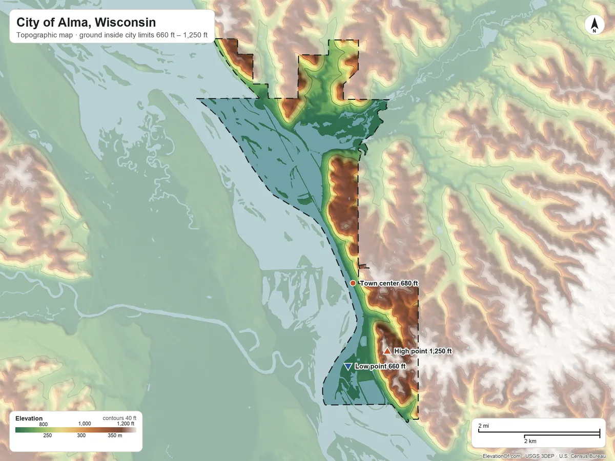 Topographic elevation map of City of Alma, Wisconsin, shaded from 660 ft on the south side to 1,250 ft on the southeast side