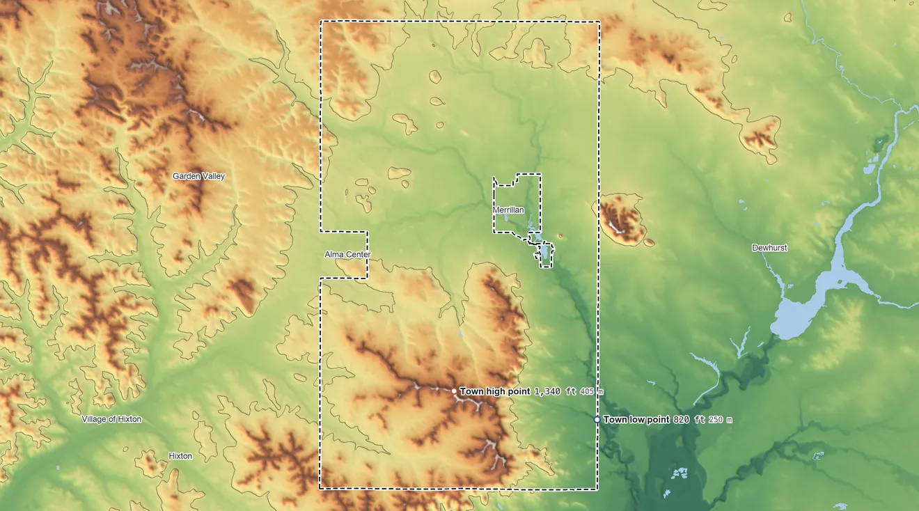 Topographic elevation map of Alma, Wisconsin, shaded from 820 ft on the southeast side to 1,340 ft on the south side