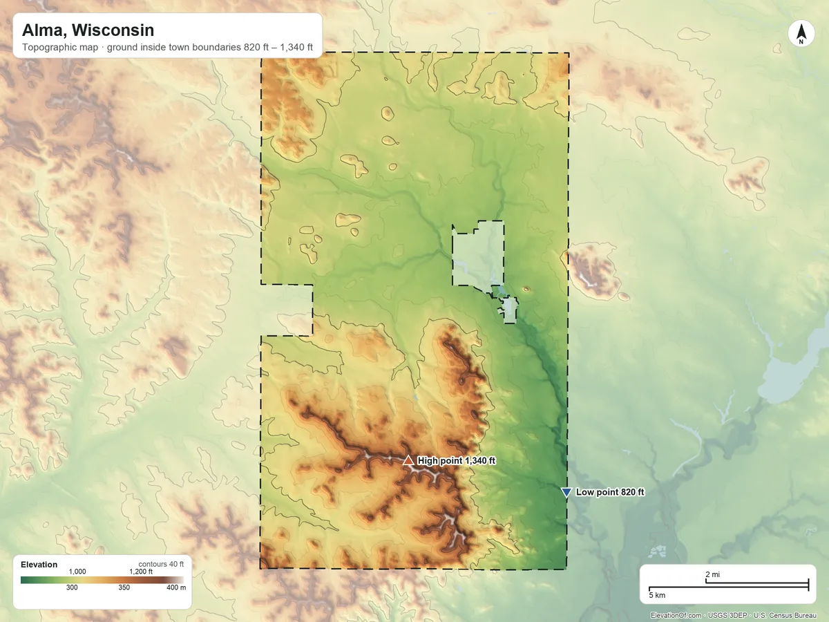 Topographic elevation map of Alma, Wisconsin, shaded from 820 ft on the southeast side to 1,340 ft on the south side
