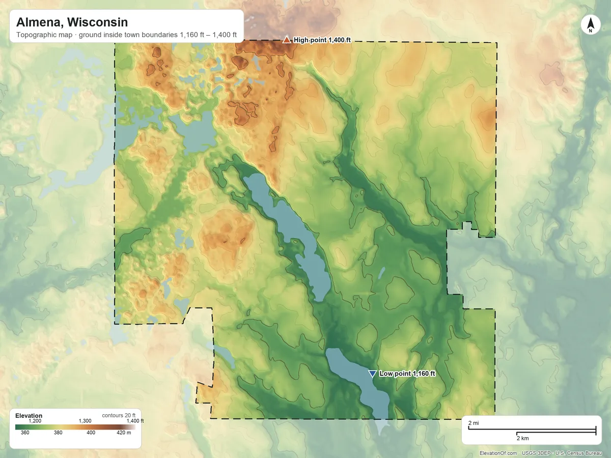 Topographic elevation map of Almena, Wisconsin, shaded from 1,160 ft on the southeast side to 1,400 ft on the north side