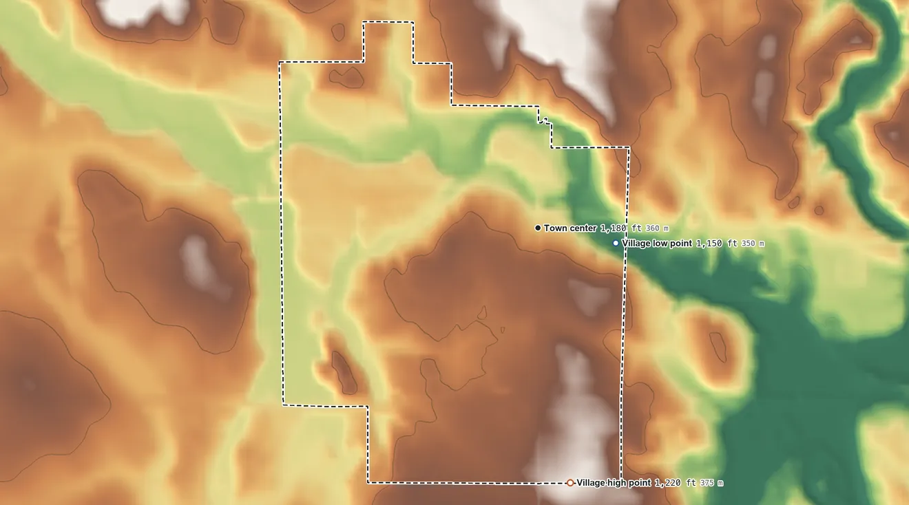 Topographic elevation map of Village of Almena, Wisconsin, shaded from 1,150 ft on the east side to 1,220 ft on the south side