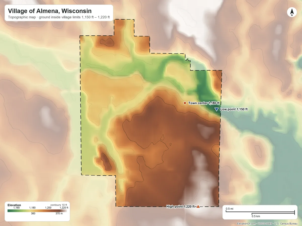 Topographic elevation map of Village of Almena, Wisconsin, shaded from 1,150 ft on the east side to 1,220 ft on the south side