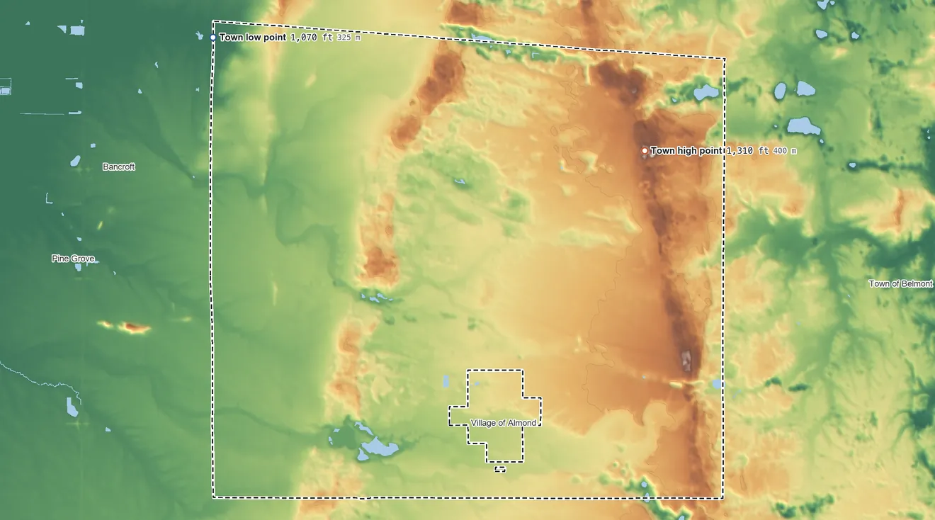 Topographic elevation map of Almond, Wisconsin, shaded from 1,070 ft on the northwest side to 1,310 ft on the northeast side