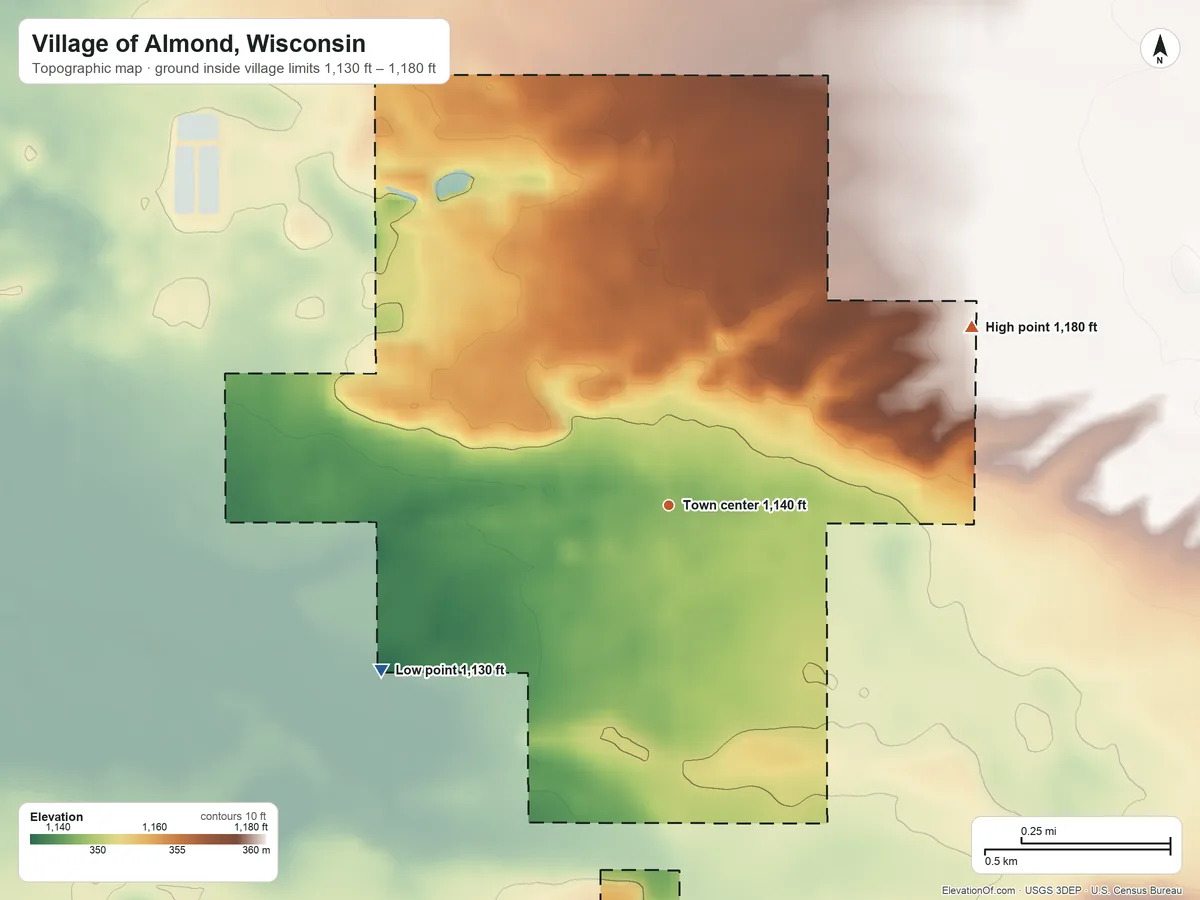 Topographic elevation map of Village of Almond, Wisconsin, shaded from 1,130 ft on the southwest side to 1,180 ft on the northeast side