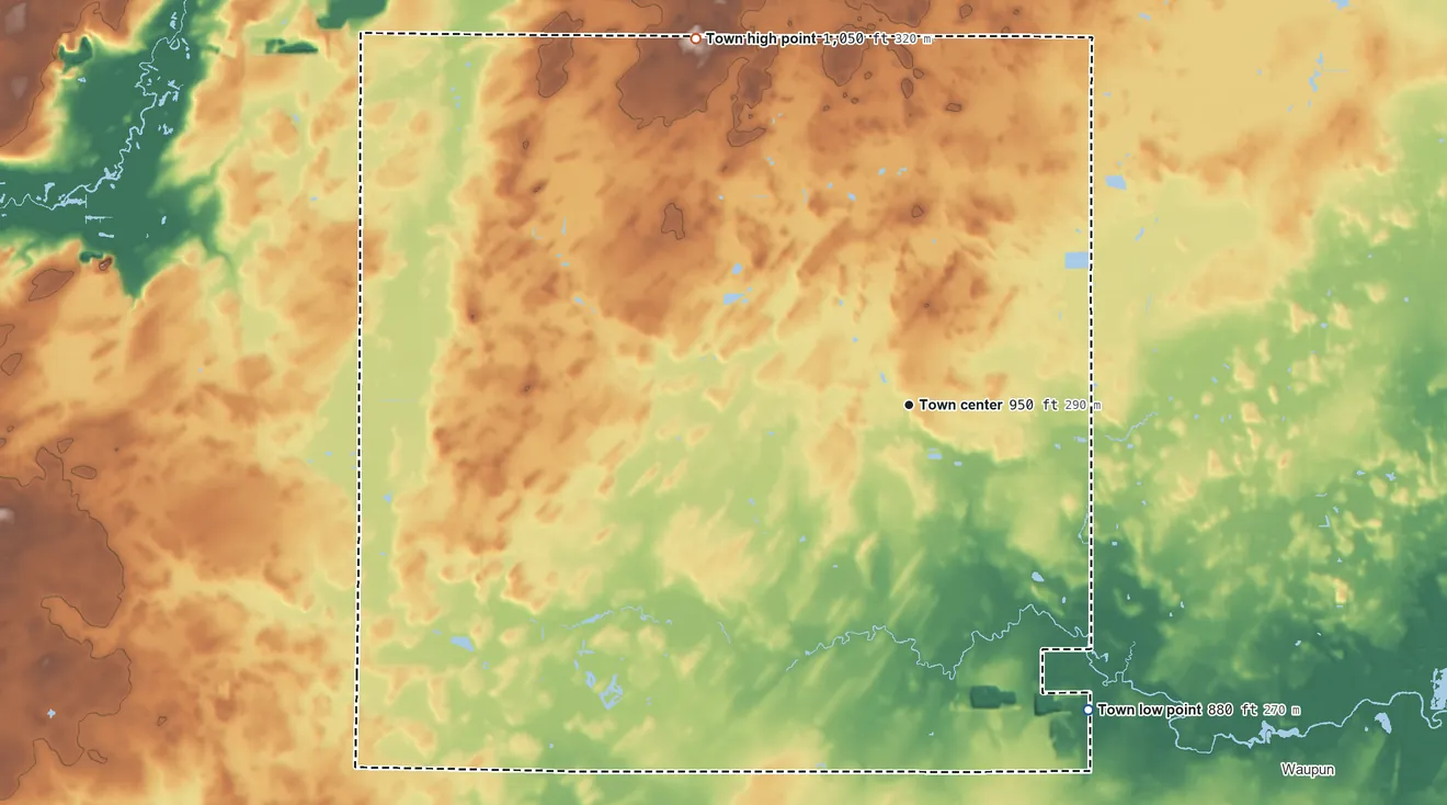 Topographic elevation map of Alto, Wisconsin, shaded from 880 ft on the southeast side to 1,050 ft on the northwest side